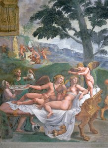 Cupido y Psique con su hija Voluptuosidad, atendidos por Ceres que vierte agua en una palangana sostenida por Juno, (detalle) del banquete noble, de la Sala de Amor y Psique, 1528 de Giulio Romano